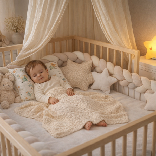 bebe-endormi-dans-son-lit-avec-ciel-de-lit-bebe-beige-securise