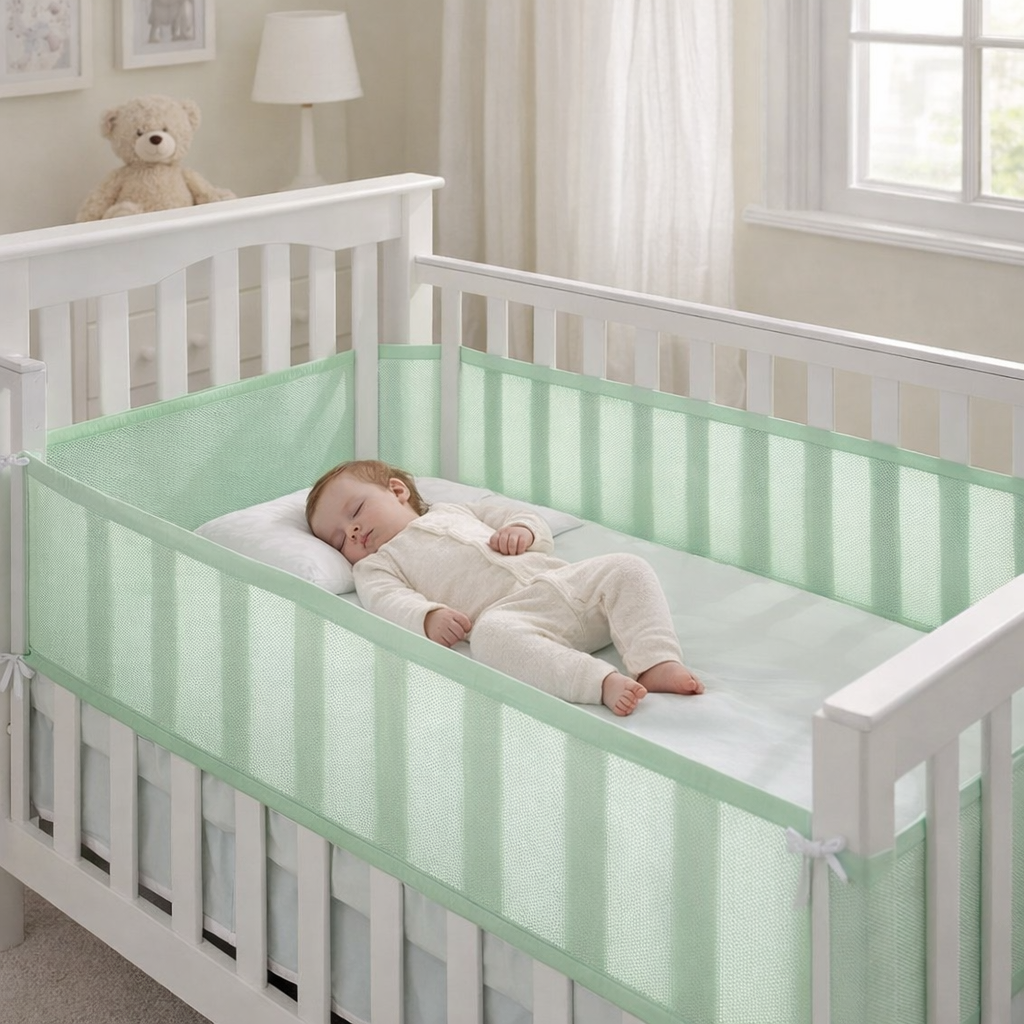 bebe endormi dans son lit avec tour de lit respirant vert