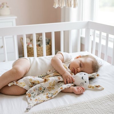 bebe endormi tenant son Doudou bebe fleur
