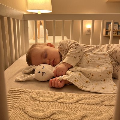 bebe endormi tenant un doudou lapin