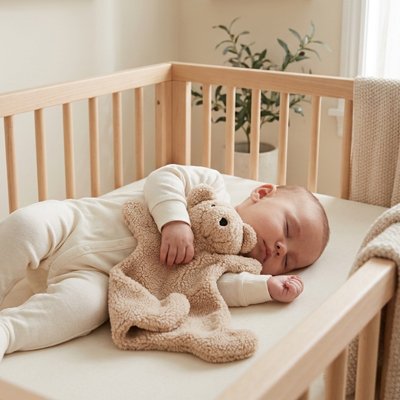 bébé endormi tenant un doudou ours léger beige 