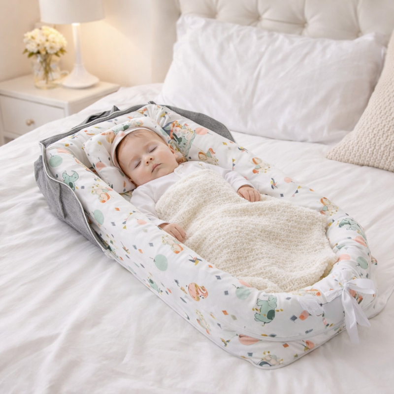 Bébé endormi dans son cocon lit bebe blanc imprimé