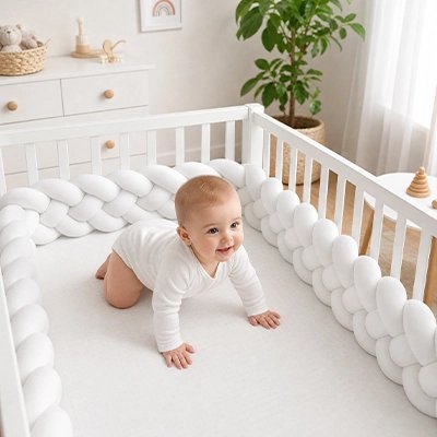 Bébé éveillé dans un lit avec tour de lit tressé