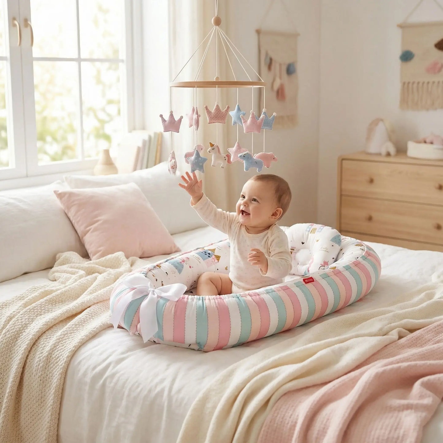 bebe-eveille-dans-un-reducteur-de-lit-evolutif-rose-bleu