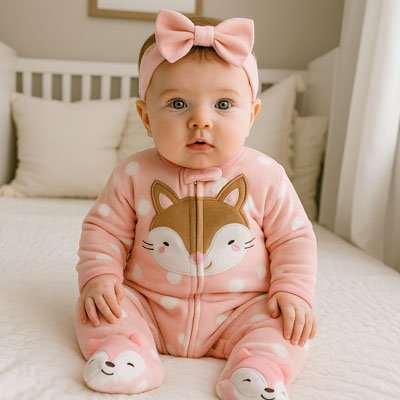 Bébé fille  portant un pyjama bebe​ rose motif animal