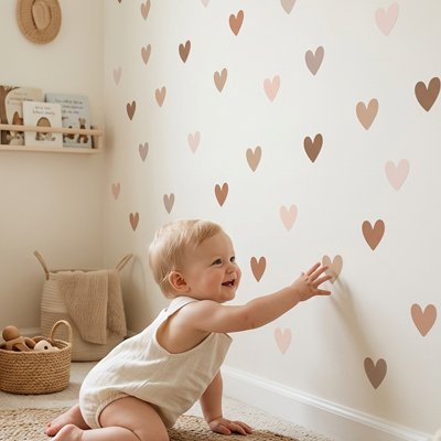 Bébé jouant devant un mur décoré avec stickers muraux 
