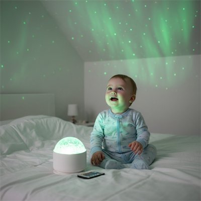 Bébé observant une veilleuse projection créant des effets lumineux apaisants dans la chambre