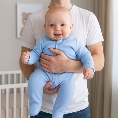 Bébé porté par son papa en pyjama bebe​ bleu clair 