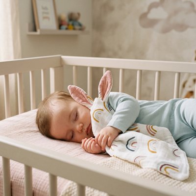 bébé qui dort avec doudou forme avec oreilles