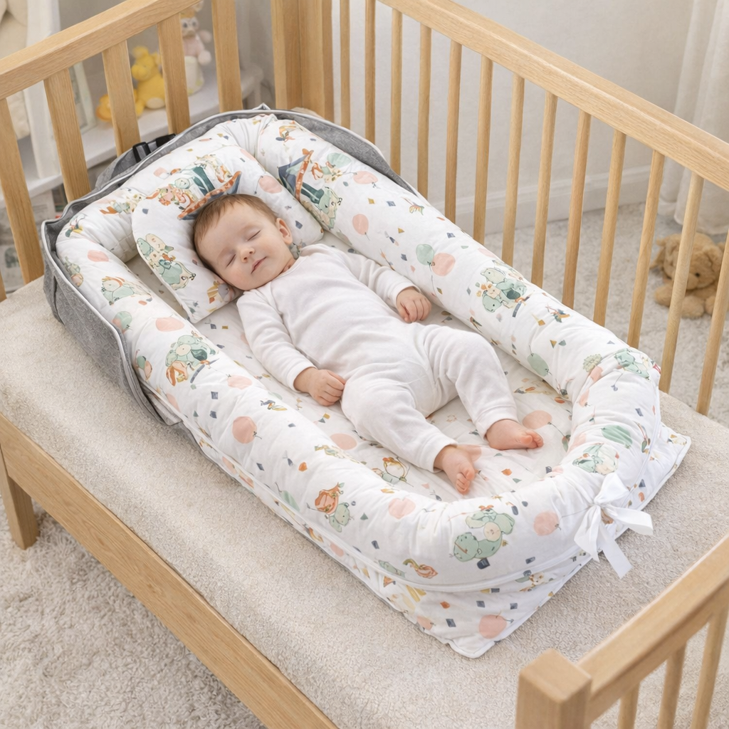 Bébé qui dort dansun cocon lit bebe taille reglable