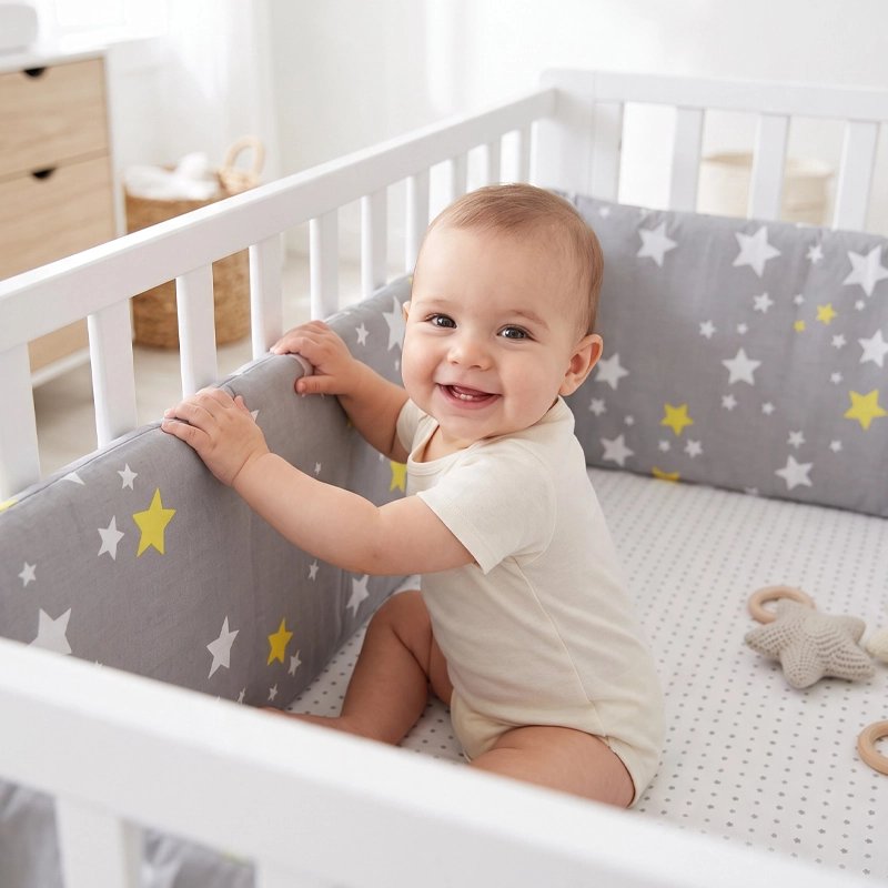 Bébé souriant assis dans son lit à barreaux protégé par un tour de lit déhoussable à motif étoiles.