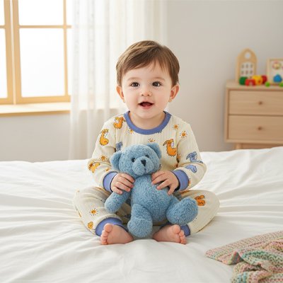 Bébé sourit assis en pyjama bébé beige bleu