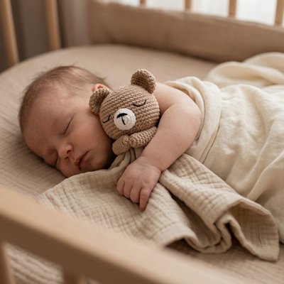 bebe tenant un doudou bebe kaki 
