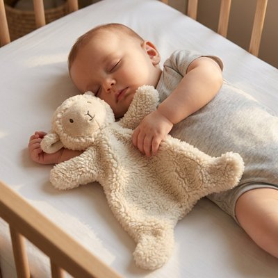Bébé tenant un doudou bebe mouton 