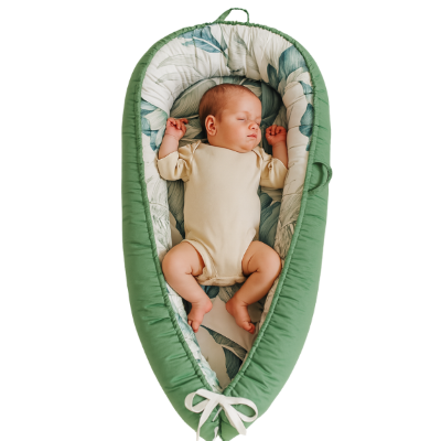 Bébé dort dans un réducteur de lit – cocon bébé imprimé vert 