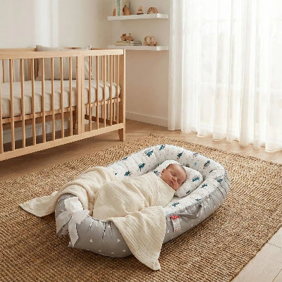 bébé nouveau-né paisiblement endormi dans un réducteur de lit bébé