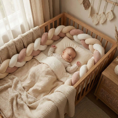 bébé paisiblement endormi allongé sur le dos, dans un lit entouré d’une tresse de lit tressée