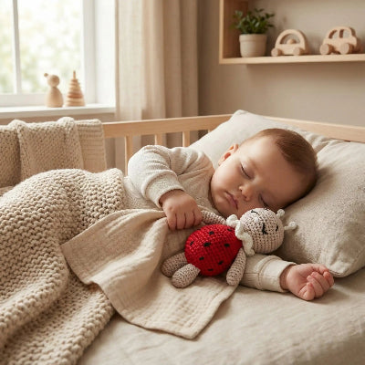 bébé paisiblement endormi tenant un doudou plat peluche animal intégrée