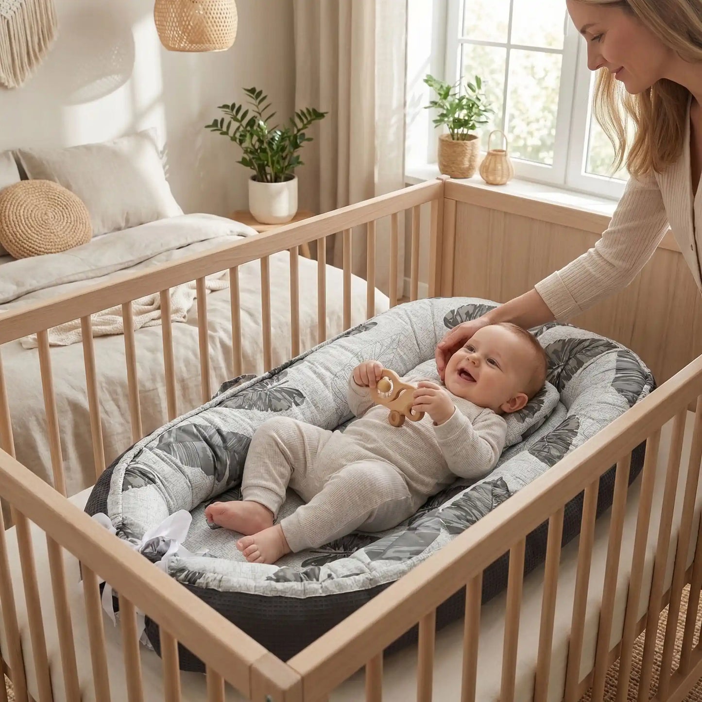 réducteur de lit respirant bébé – cocon motif feuilles