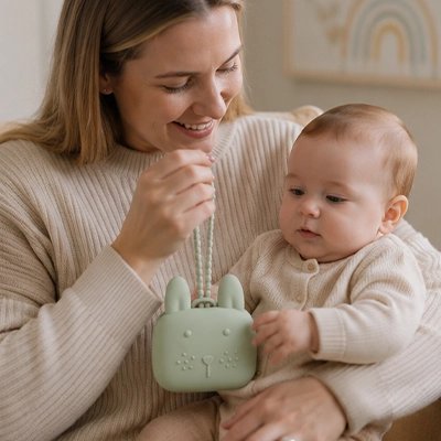 boite pour tetine en silicone souple maman tenant son bébé