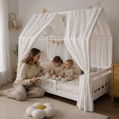 Ciel de lit enfant blanc en mousseline respirante.