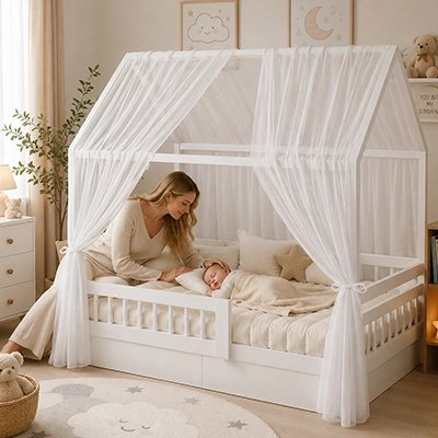 Ciel de lit enfant blanc pour lit cabane