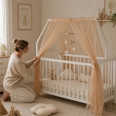 Ciel de lit enfant en mousseline caramel pour lit cabane