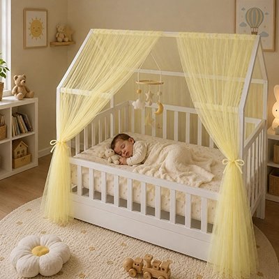 Ciel de lit enfant jaune voilage transparent léger