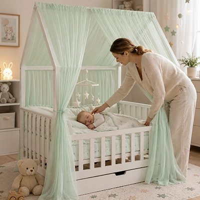 Ciel de lit enfant vert bébé avec rideaux en mousseline