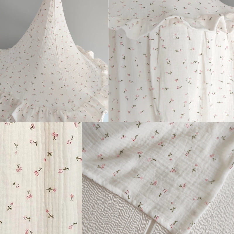 ciel de lit fille mousseline fleurs roses gros plan