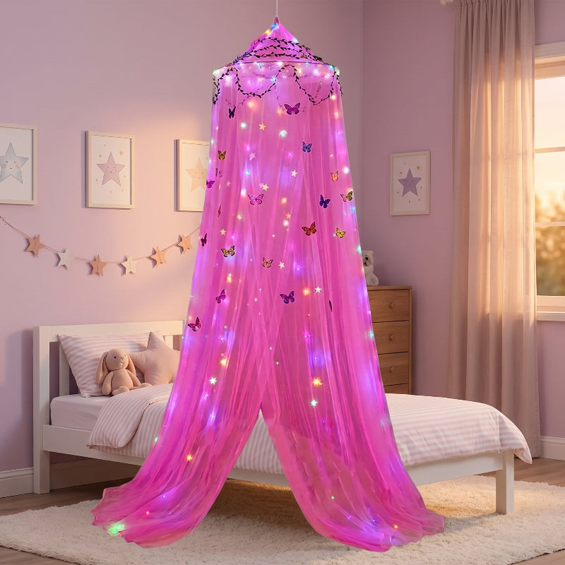 ciel de lit lumineux rose papillons pour chambre de fille 