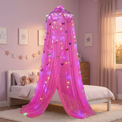 ciel de lit lumineux rose papillons pour chambre de fille 