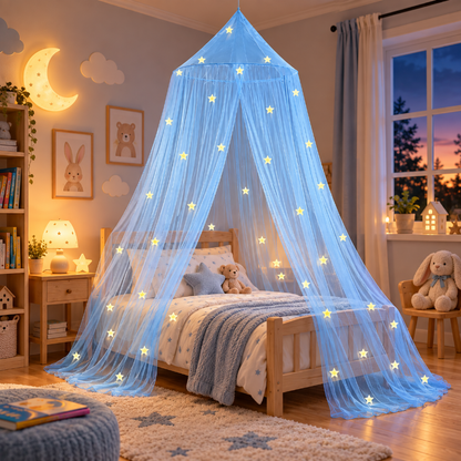 ciel de lit moustiquaire bleu chambre enfant étoiles