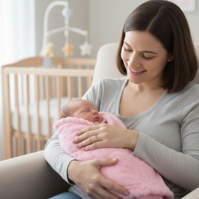 Couverture bébé rose utilisée pour emmaillotage par maman