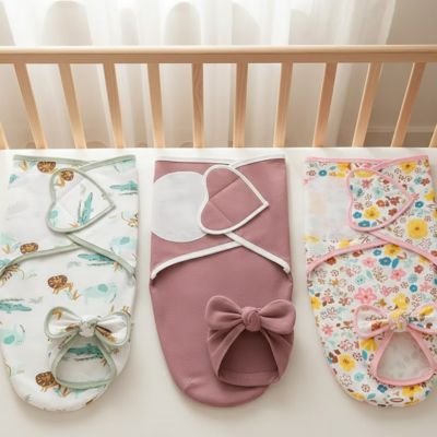 couvertures d emmaillotage bebe pliees dans un lit bebe