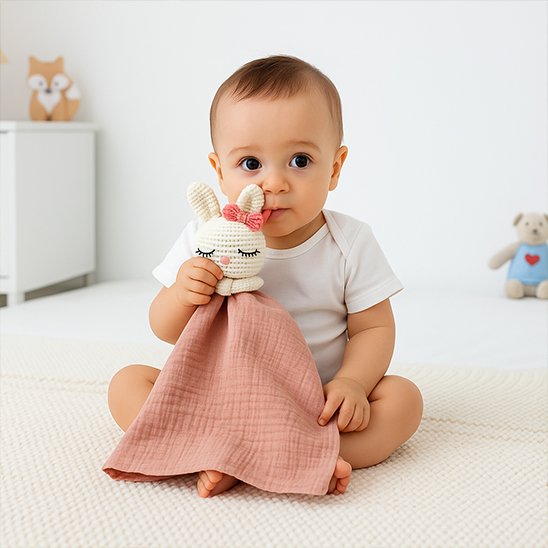 Doudou bebe rose porte par bebe assis