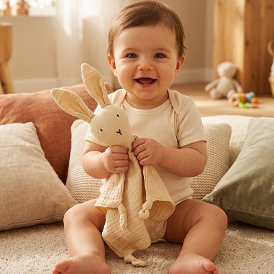 Doudou lapin en gaze de coton beige pour bébé