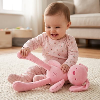 Doudou lapin rose  avec croix brodées
