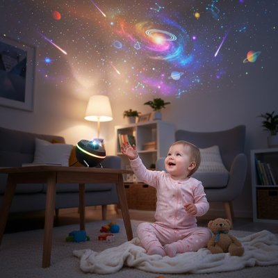 Enfant assis dans sa chambre observant les projections lumineuses d’un projecteur enfant