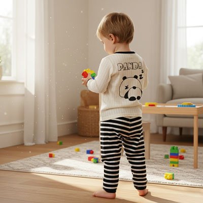 Enfant debout en pyjama bébé rayé panda. 