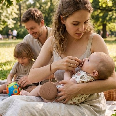 Famille assemblee en plein air avec une boite a tetine