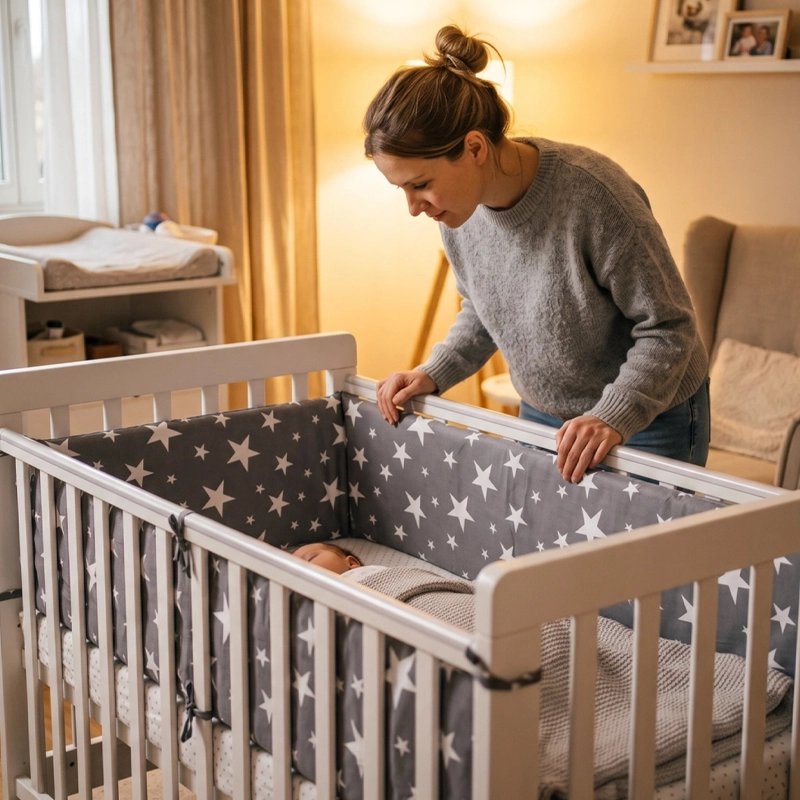  Femme installant un tour de lit respirant en coton dans une chambre d'enfant moderne