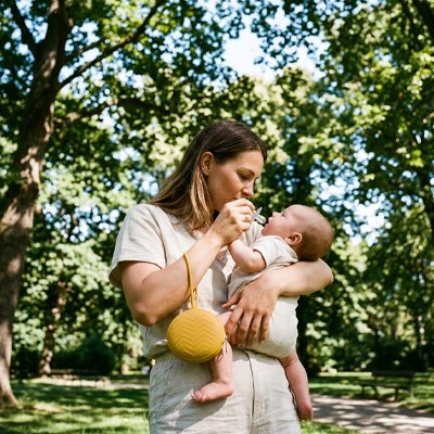 Femme portant un bebe avec une boite a tetine dans un parc