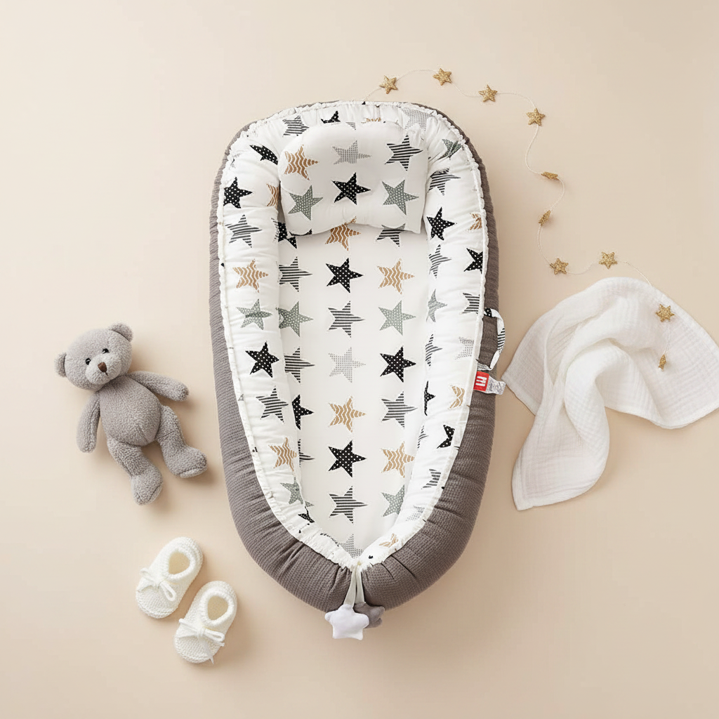 Flat lay réducteur de lit respirant motif étoiles avec accessoires bébé