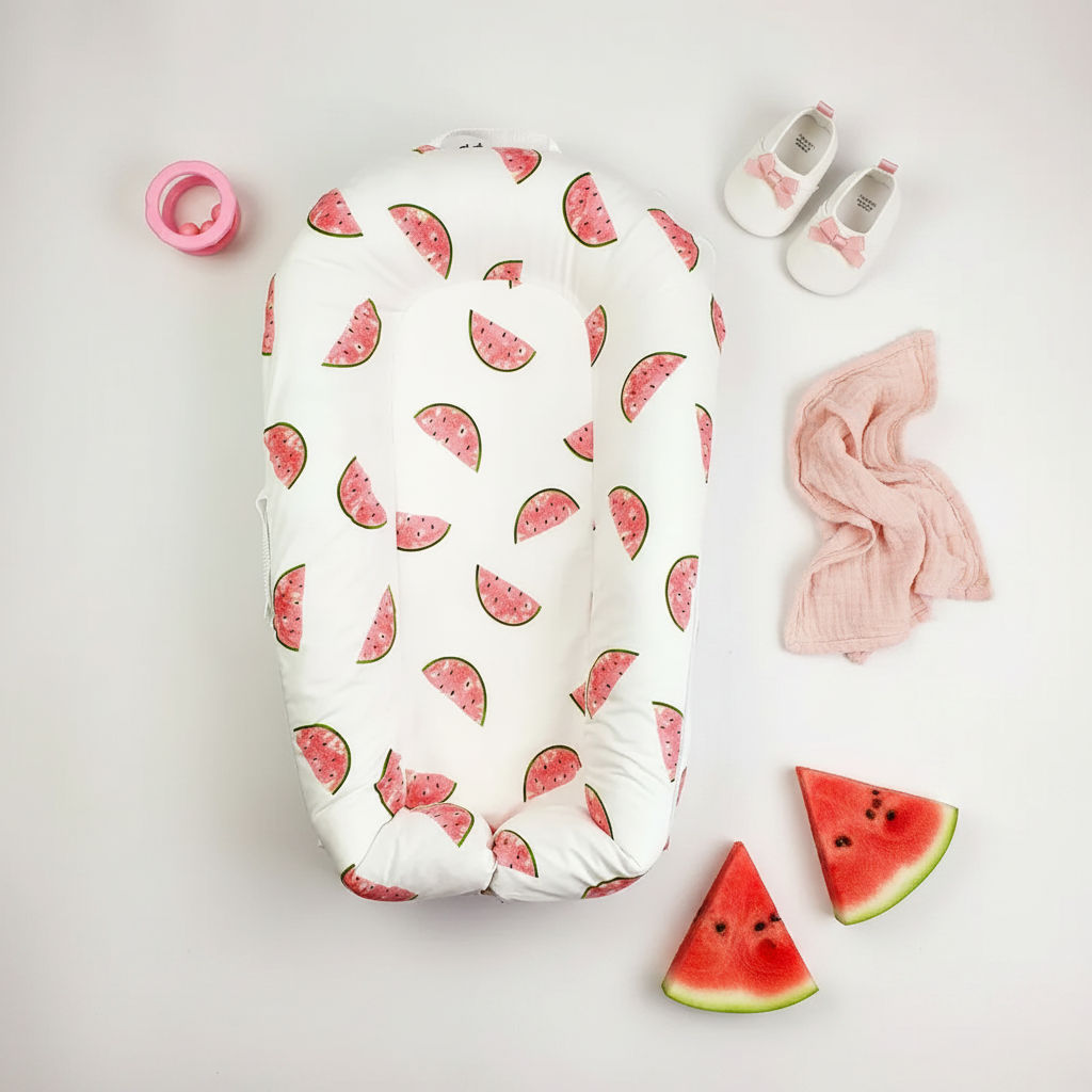 Flat lay réducteur pastèque avec accessoires bébé