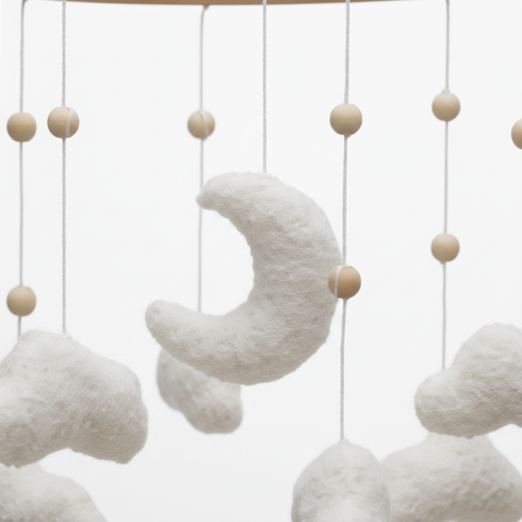 Gros plan sur les détails artisanaux du mobile bébé en feutre et bois naturel