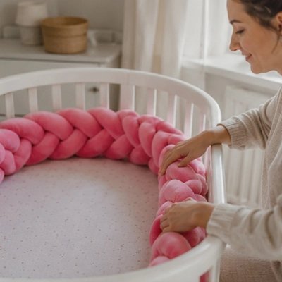 Installation d'un tour de lit tresse rose dans un lit bébé