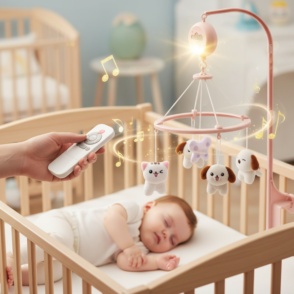 élécommande contrôlant le mobile bébé musical et lumineux éclairé.