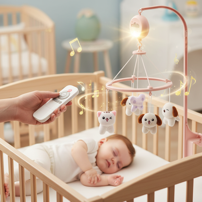 élécommande contrôlant le mobile bébé musical et lumineux éclairé.