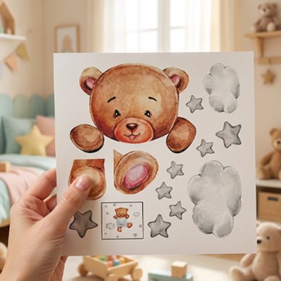 Main tenant une planche de stickers muraux enfant avec plusieurs motifs d'oursons.